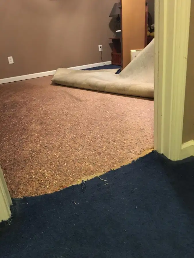 Carpet pad removal revealing water damage during Water Mitigation Services in Lewisville